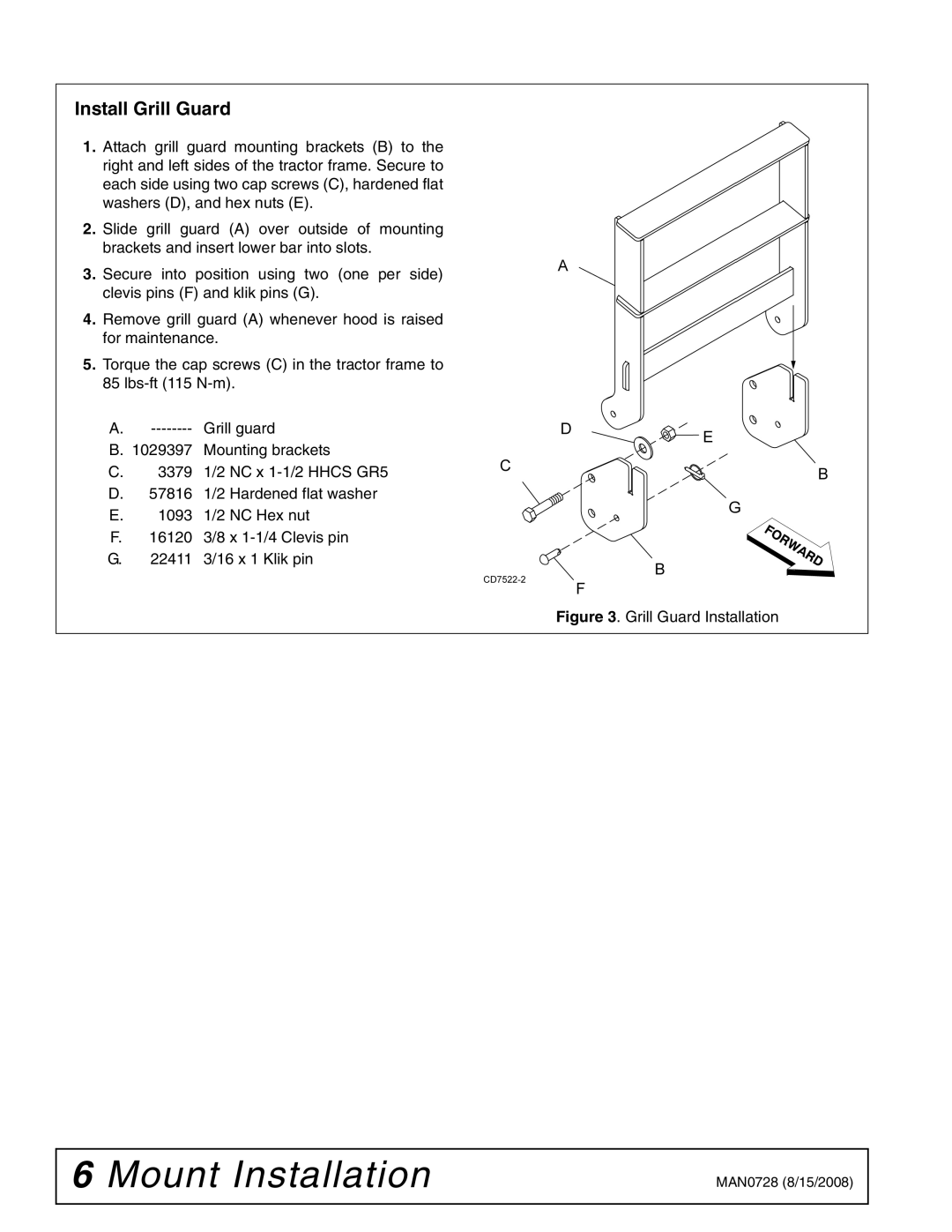 Woods Equipment 2100042 installation manual Install Grill Guard, Grill Guard Installation 