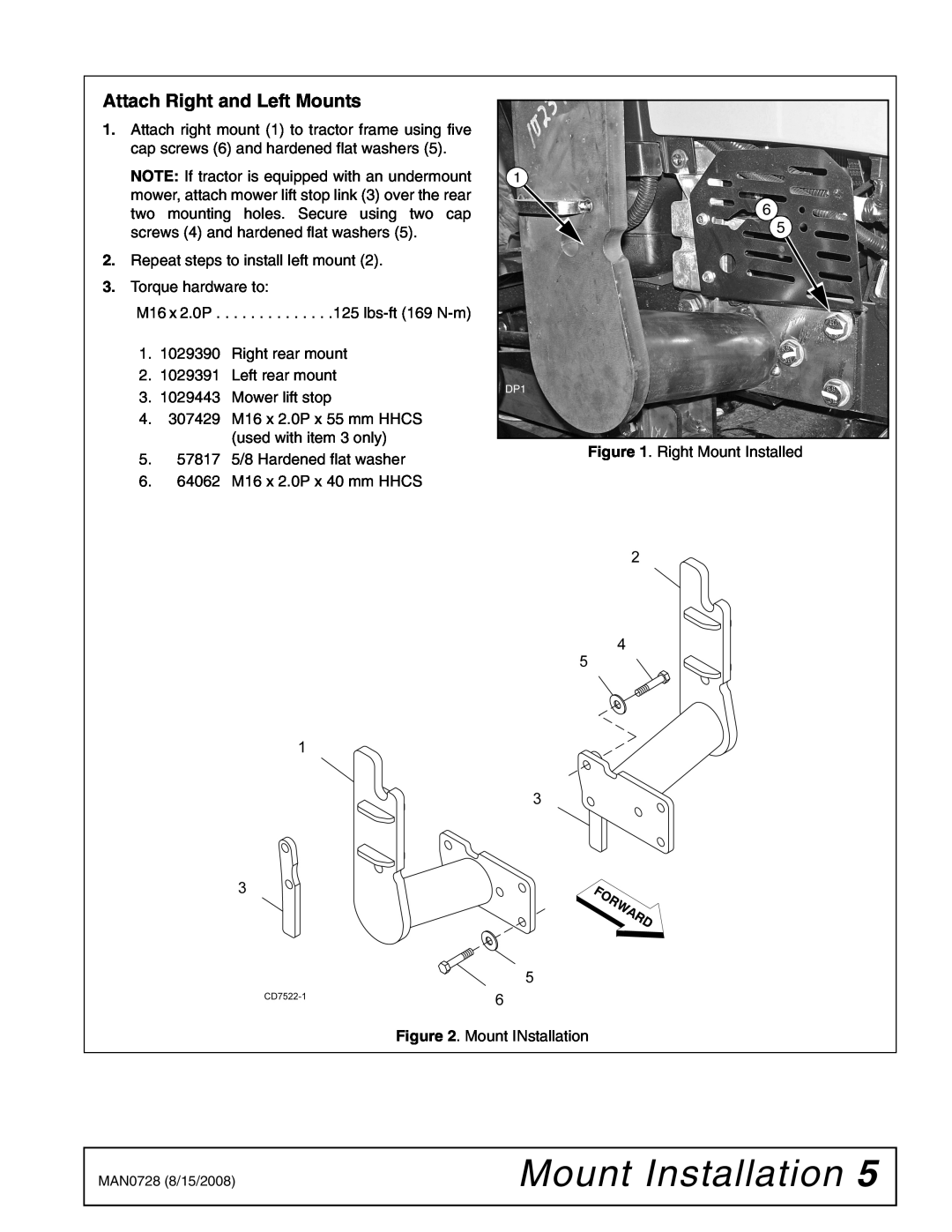Woods Equipment 2100042 installation manual Mount Installation, Attach Right and Left Mounts 