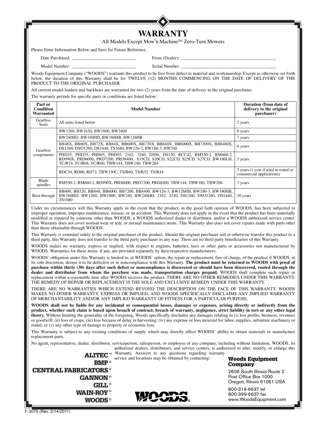 Woods Equipment 2104045 installation manual Warranty 