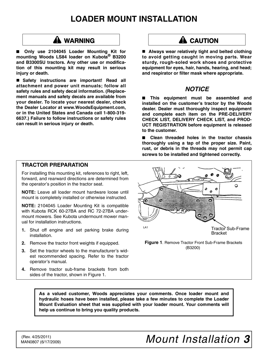 Woods Equipment 2104045 installation manual Loader Mount Installation 