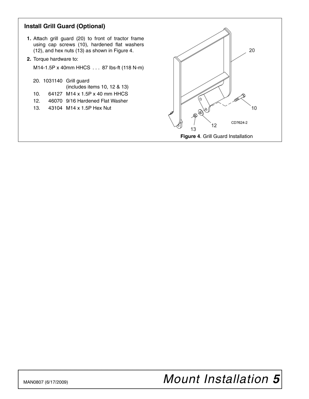 Woods Equipment 2104045 installation manual Install Grill Guard Optional, Grill Guard Installation 