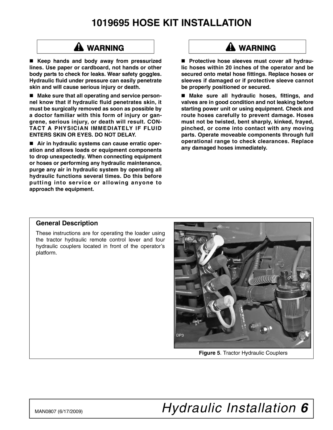 Woods Equipment 2104045 installation manual Hydraulic Installation, Hose KIT Installation, General Description 