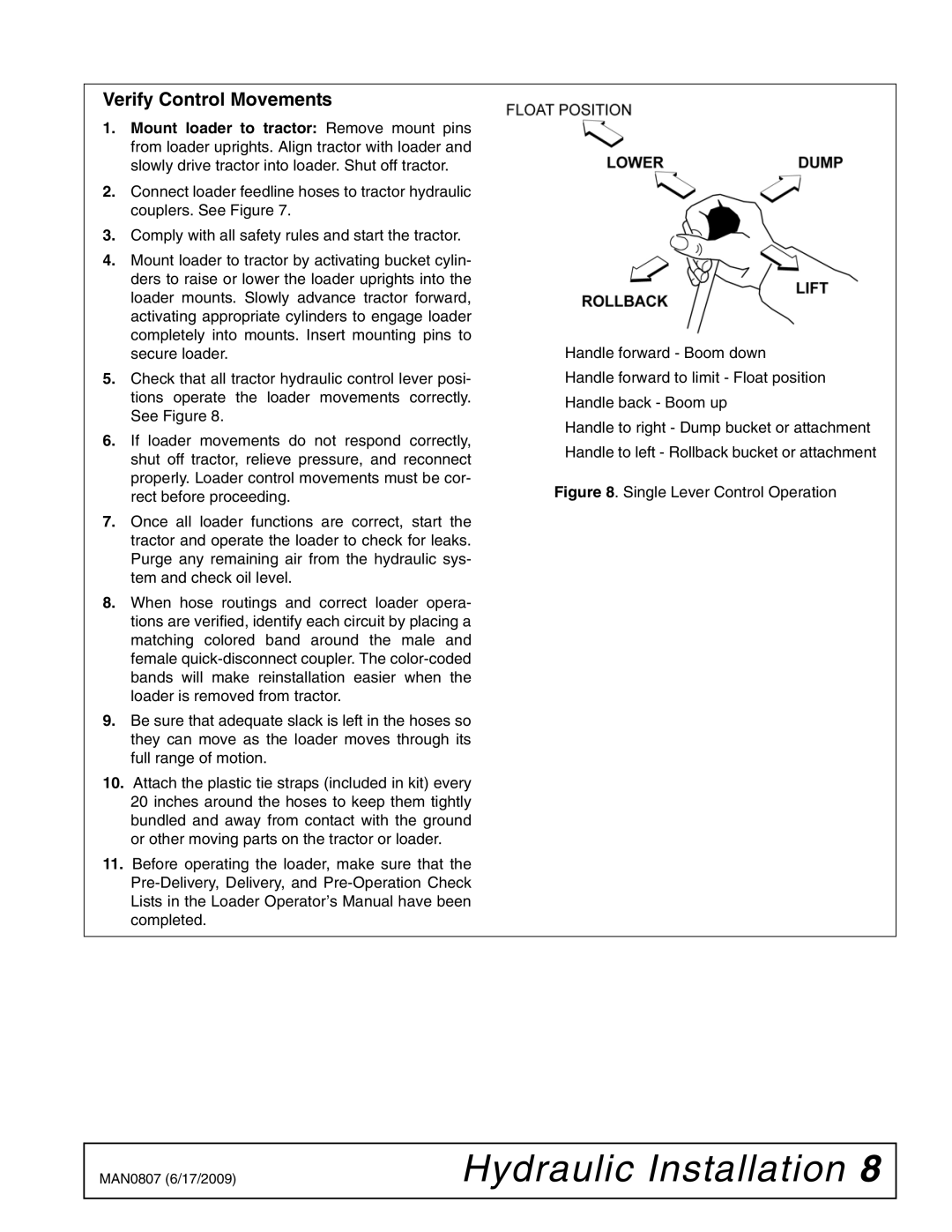 Woods Equipment 2104045 installation manual Verify Control Movements, Single Lever Control Operation 