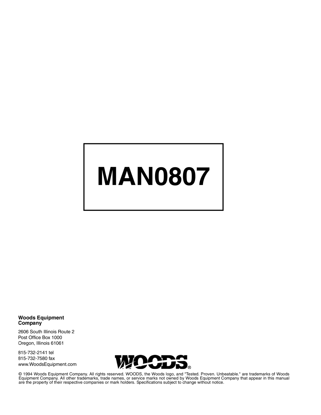 Woods Equipment 2104045 installation manual MAN0807, Woods Equipment Company 