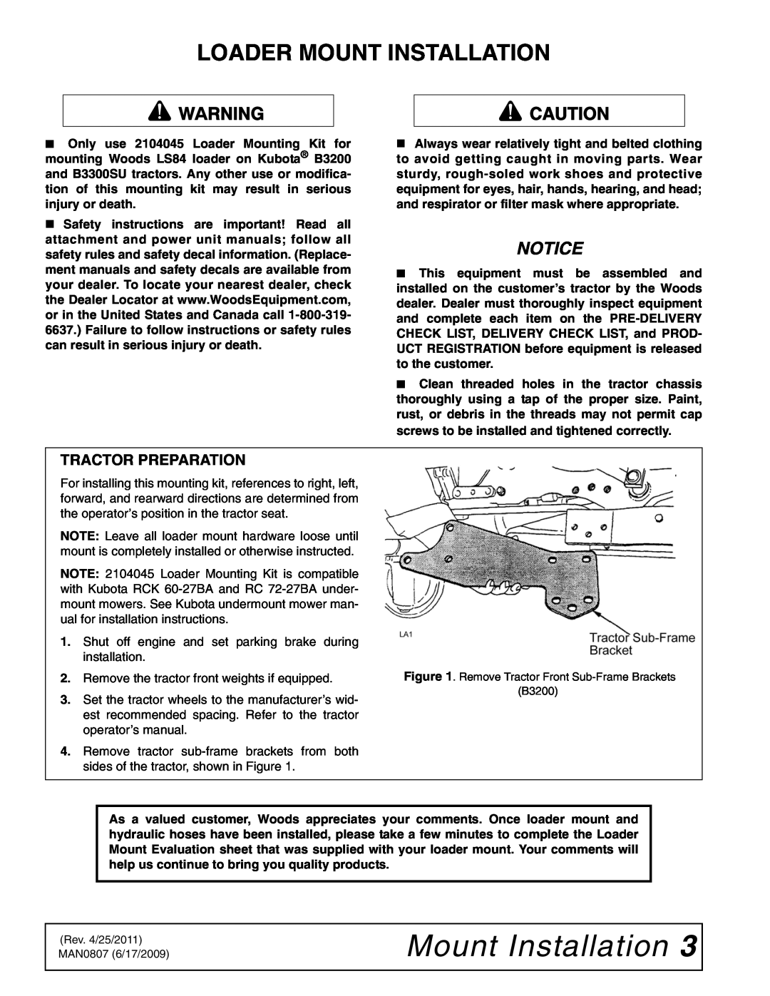 Woods Equipment 2104045 installation manual Loader Mount Installation, Tractor Preparation 