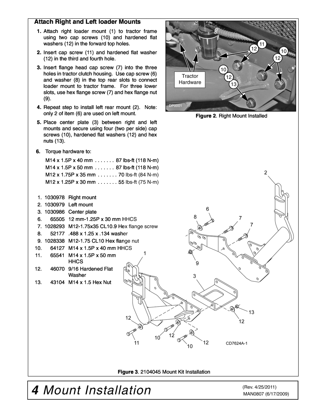 Woods Equipment 2104045 installation manual Mount Installation, Attach Right and Left loader Mounts 