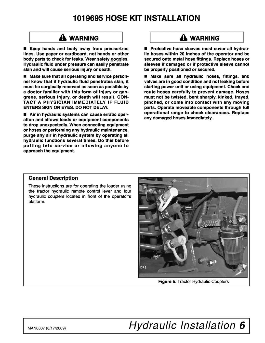 Woods Equipment 2104045 installation manual Hydraulic Installation, Hose Kit Installation, General Description 