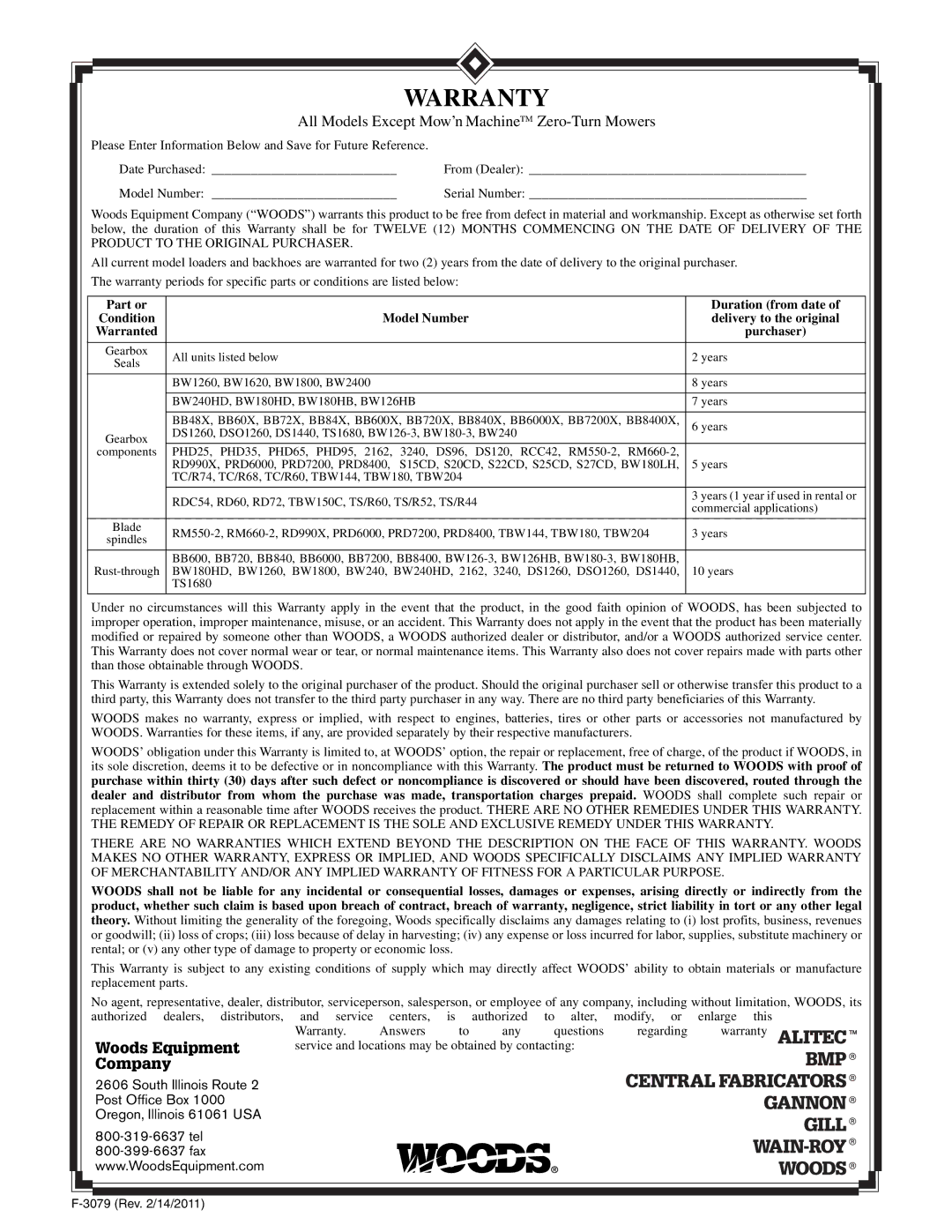 Woods Equipment 211716 installation manual All Models Except Mow’n MachineTM Zero-Turn Mowers 