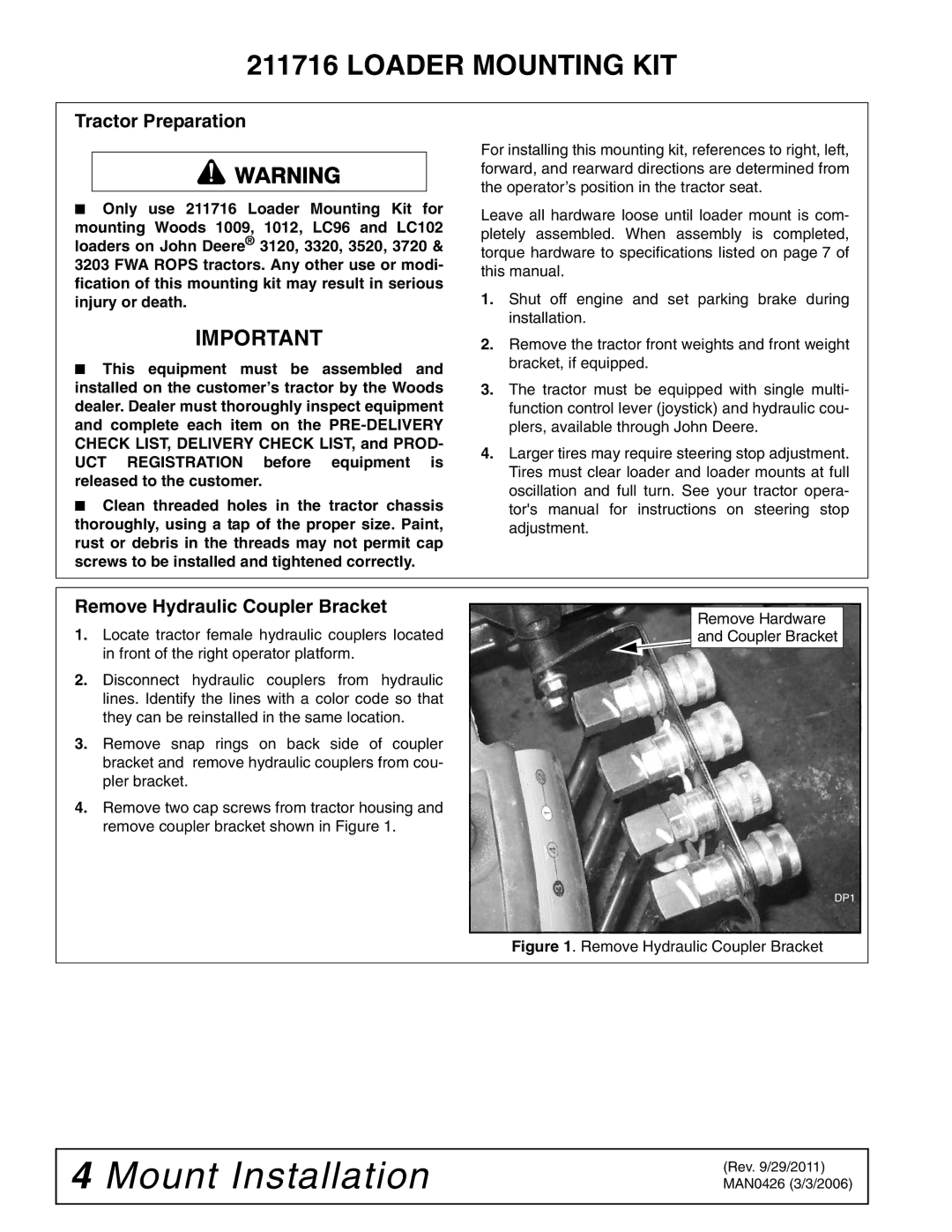 Woods Equipment 211716 Mount Installation, Loader Mounting KIT, Tractor Preparation, Remove Hydraulic Coupler Bracket 