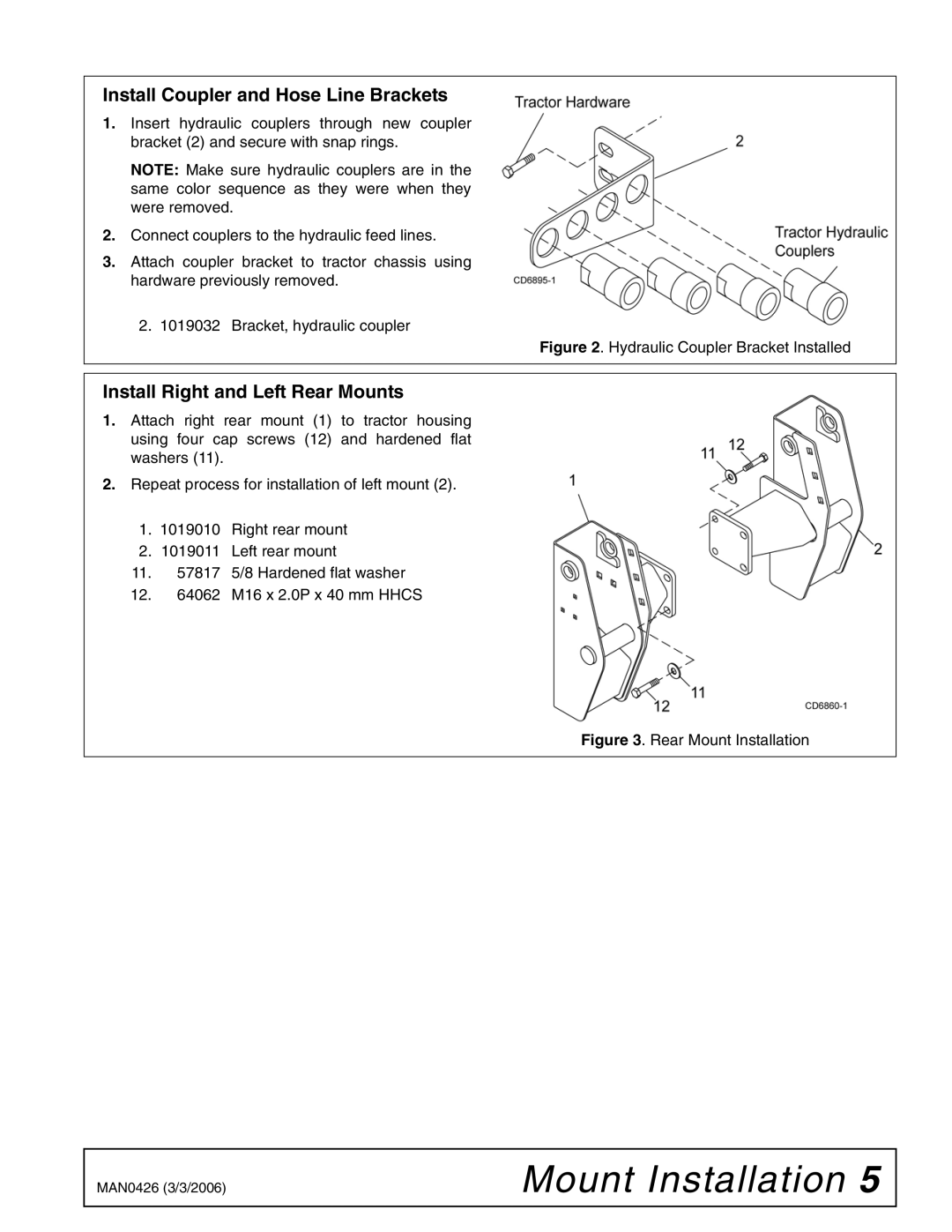 Woods Equipment 211716 installation manual Install Coupler and Hose Line Brackets, Install Right and Left Rear Mounts 