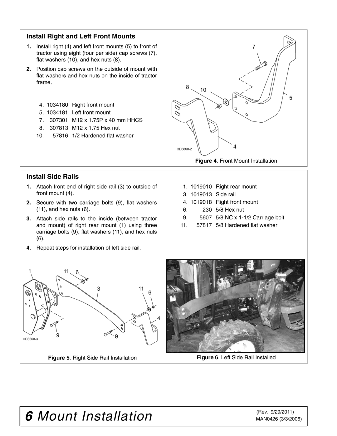 Woods Equipment 211716 installation manual Install Right and Left Front Mounts, Install Side Rails 