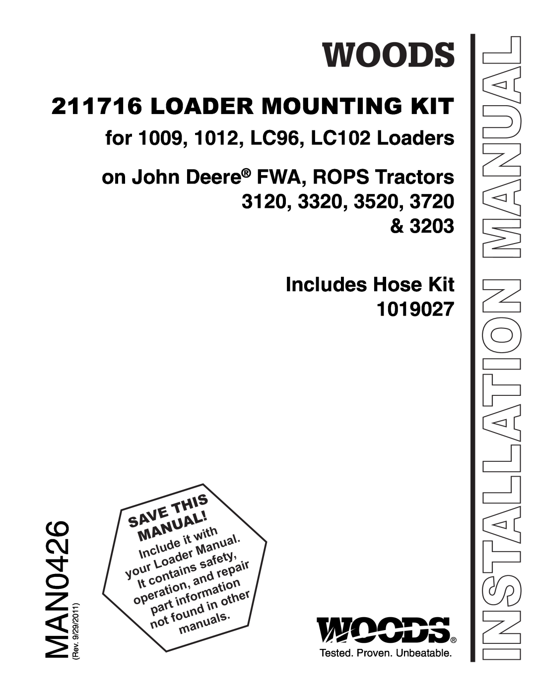 Woods Equipment 211716 installation manual MAN0426, Loader Mounting Kit, for 1009, 1012, LC96, LC102 Loaders, Save, This 