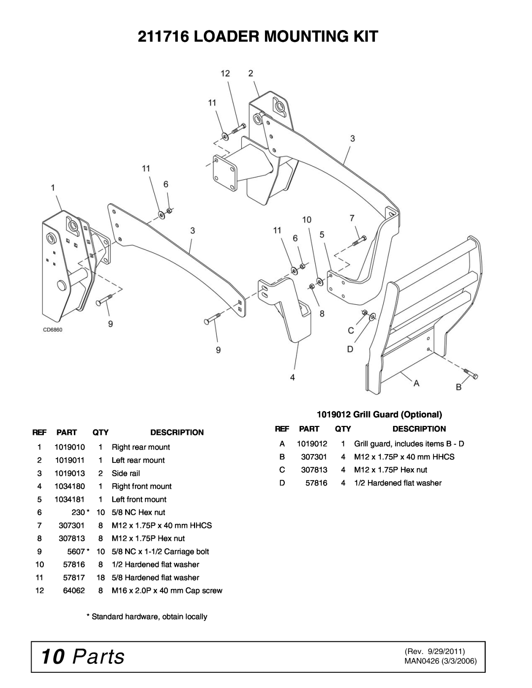 Woods Equipment 211716 installation manual 10Parts, Loader Mounting Kit, Grill Guard Optional 