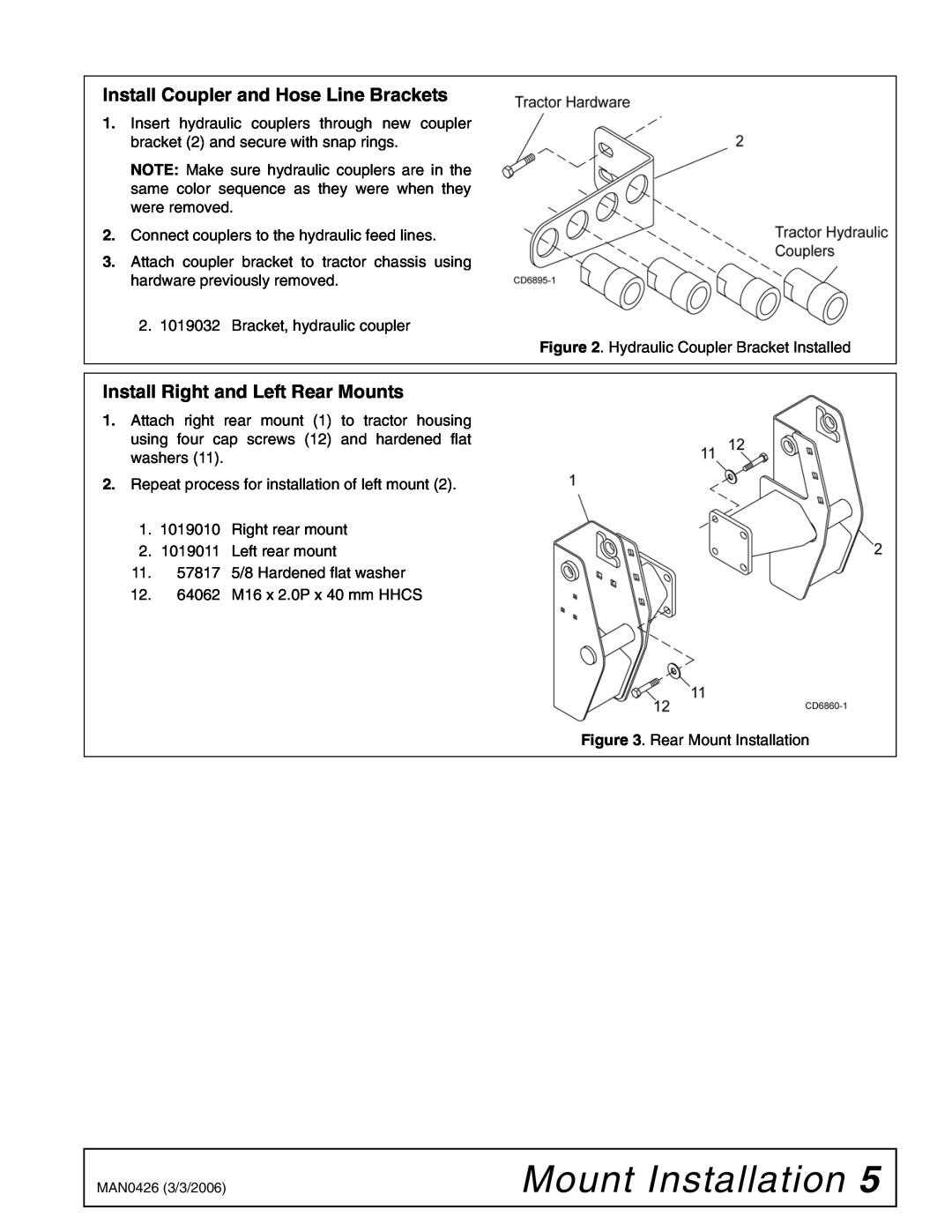 Woods Equipment 211716 Mount Installation, Install Coupler and Hose Line Brackets, Install Right and Left Rear Mounts 