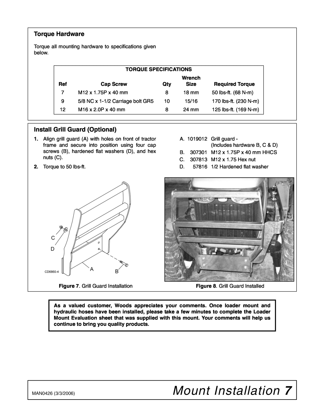 Woods Equipment 211716 installation manual Torque Hardware, Install Grill Guard Optional, Mount Installation 