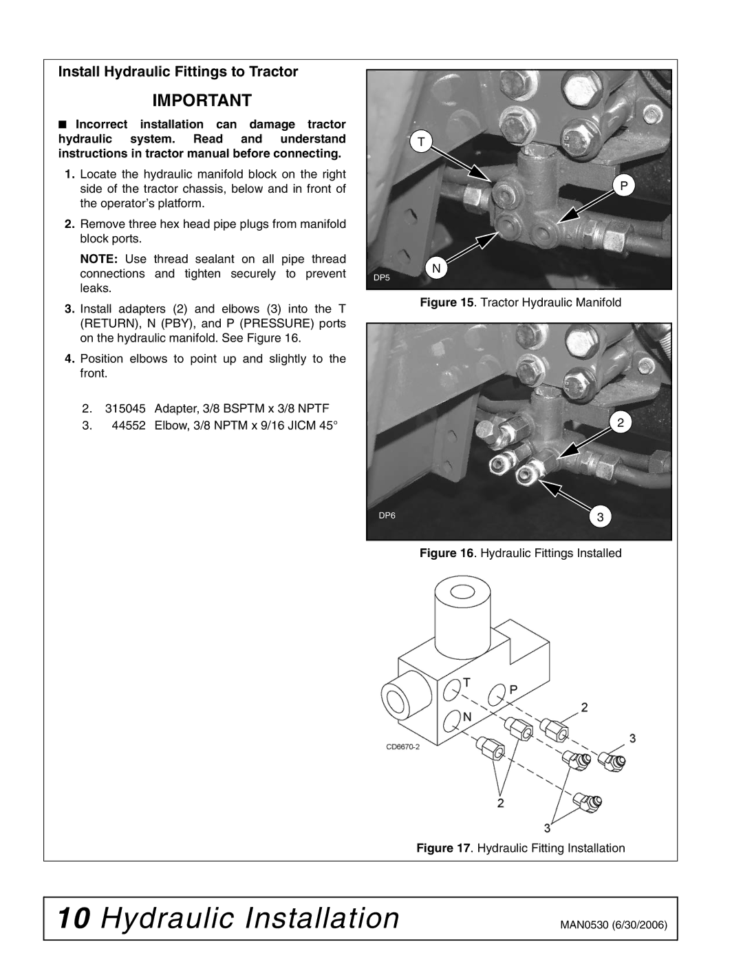 Woods Equipment 211718 installation manual Install Hydraulic Fittings to Tractor, Tractor Hydraulic Manifold 