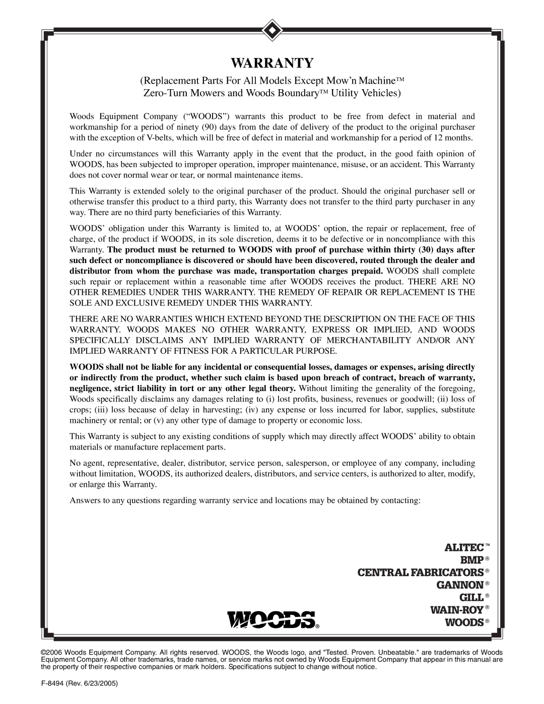 Woods Equipment 211718 installation manual Warranty 