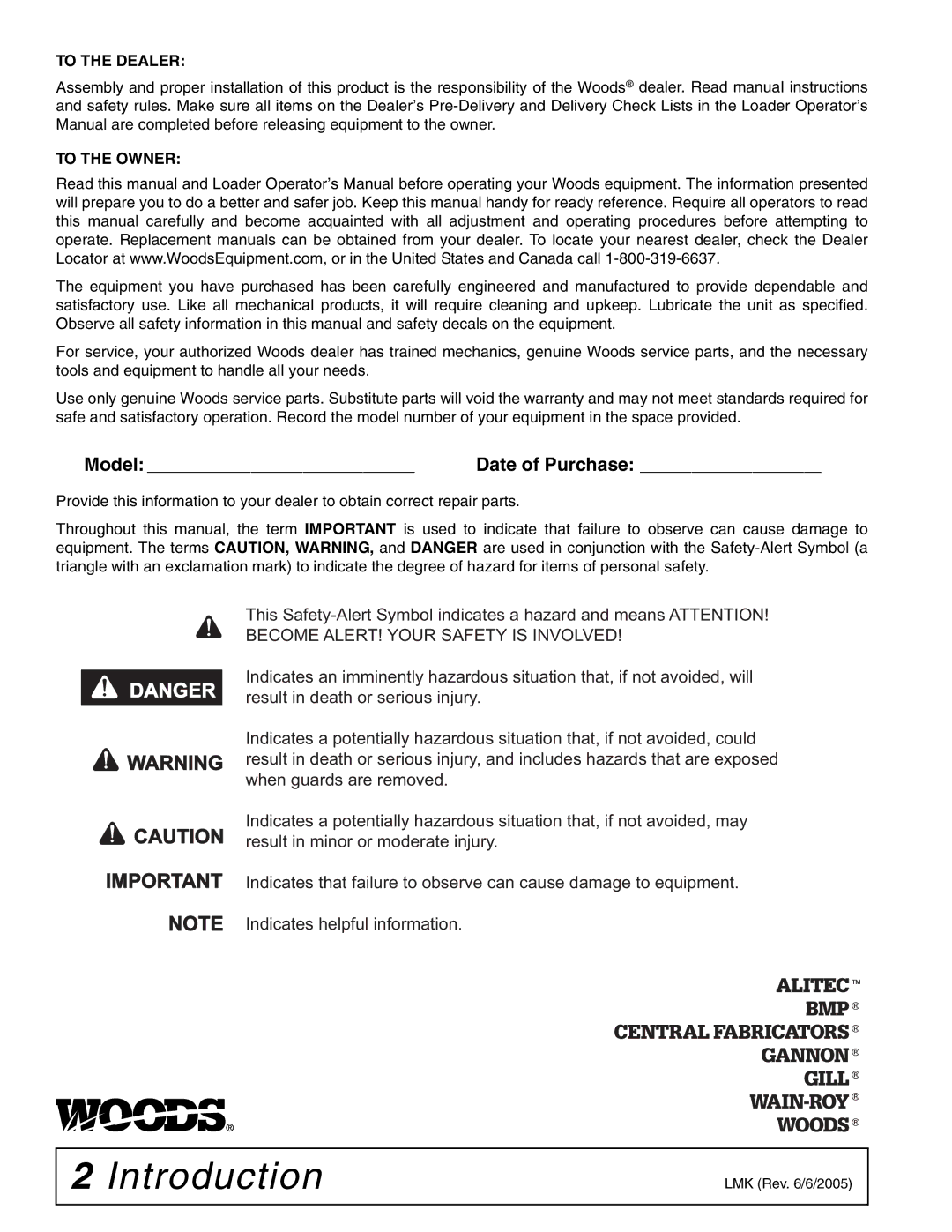 Woods Equipment 211718 installation manual Introduction, To the Dealer 