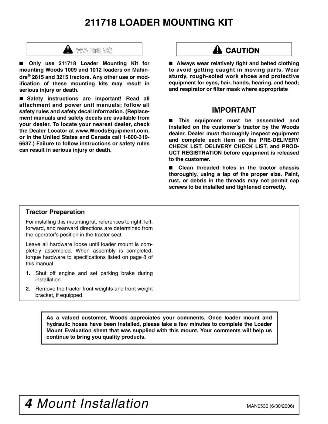 Woods Equipment 211718 installation manual Mount Installation, Loader Mounting KIT, Tractor Preparation 