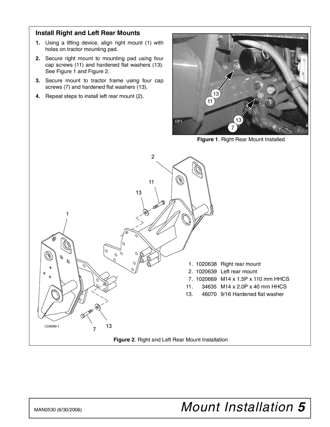 Woods Equipment 211718 installation manual Install Right and Left Rear Mounts, Right and Left Rear Mount Installation 