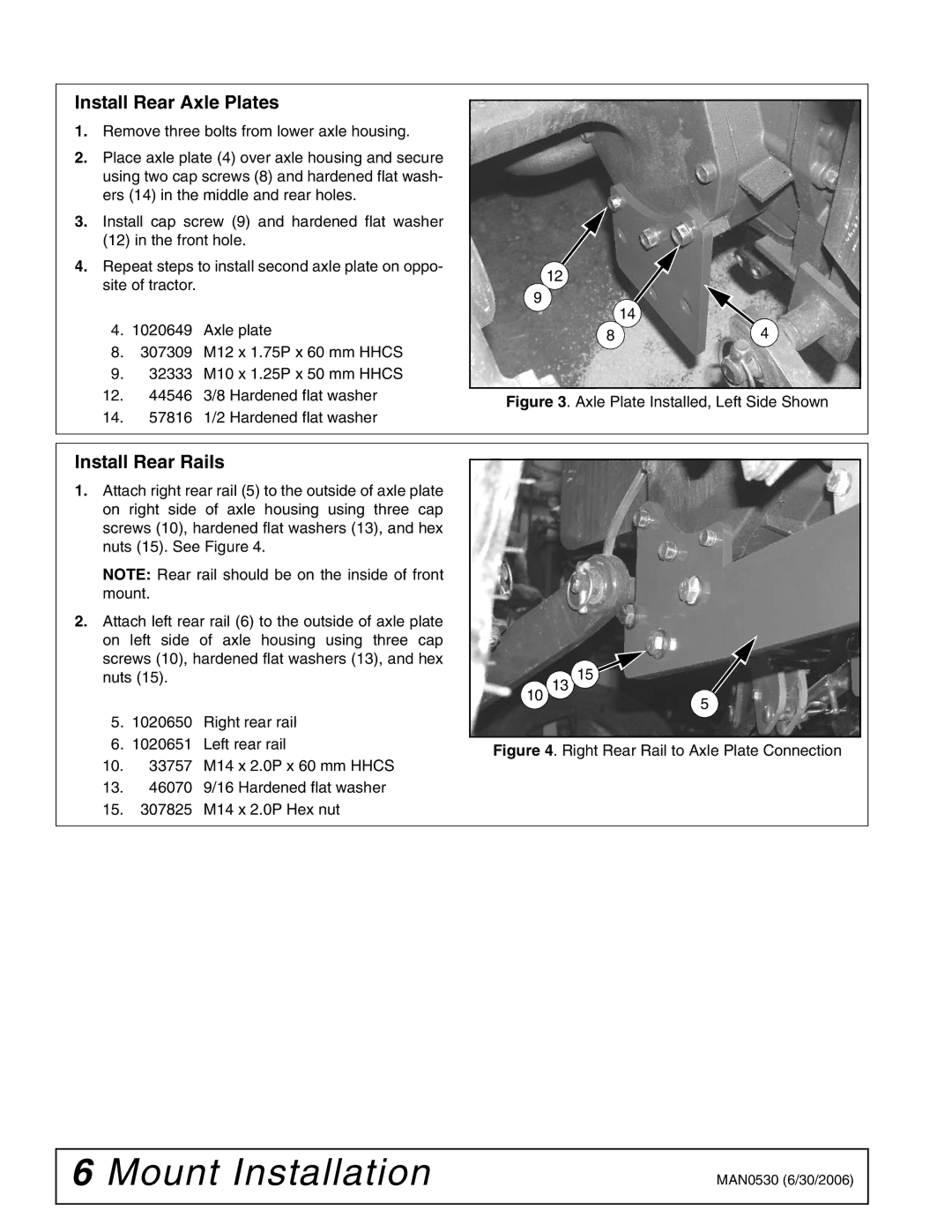 Woods Equipment 211718 installation manual Install Rear Axle Plates, Install Rear Rails 