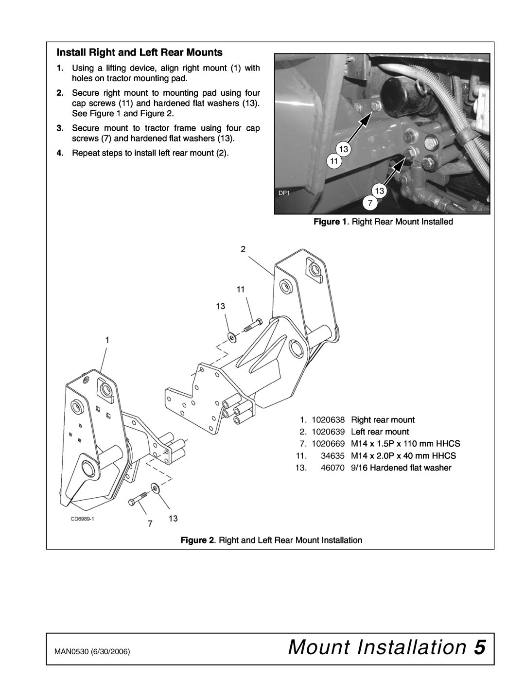 Woods Equipment 211718 installation manual Mount Installation, Install Right and Left Rear Mounts 