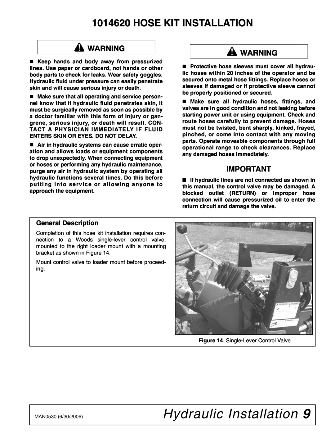 Woods Equipment 211718 installation manual Hydraulic Installation, General Description 