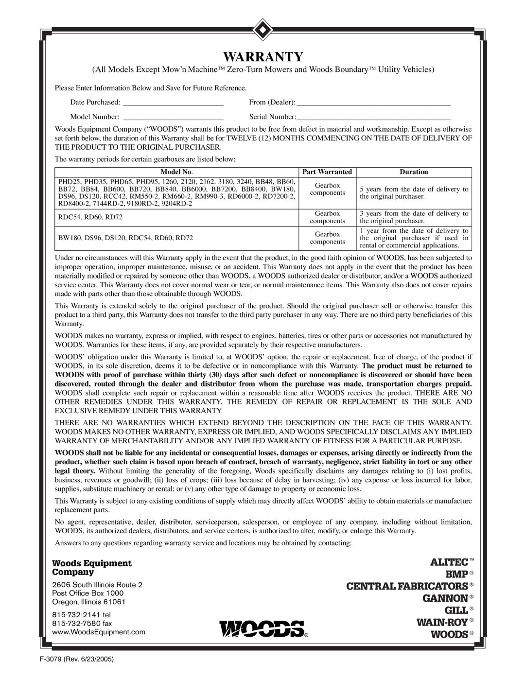 Woods Equipment 211822 installation manual Warranty 