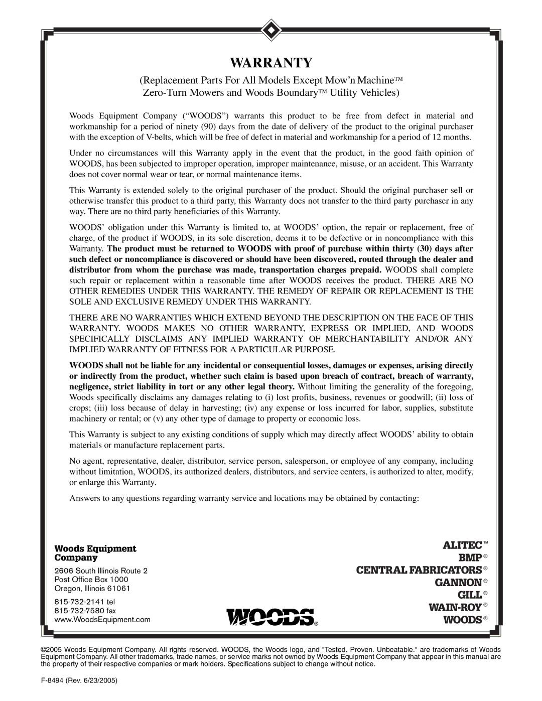 Woods Equipment 211822 installation manual Warranty 