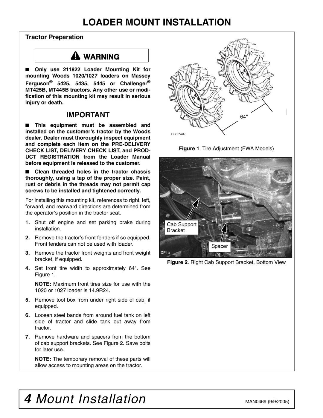 Woods Equipment 211822 installation manual Mount Installation, Tractor Preparation 