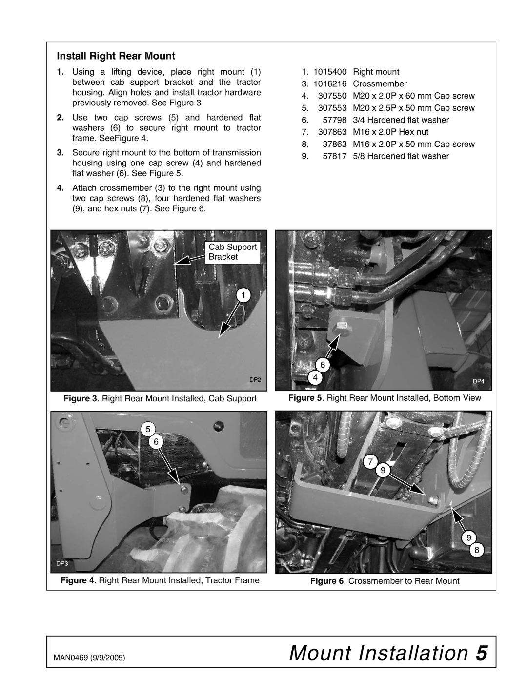 Woods Equipment 211822 installation manual Install Right Rear Mount, Right Rear Mount Installed, Cab Support 