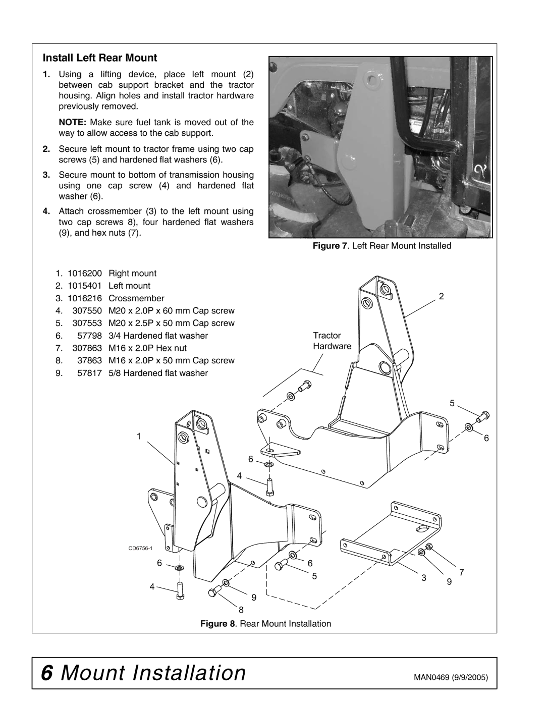 Woods Equipment 211822 installation manual Install Left Rear Mount, Rear Mount Installation 