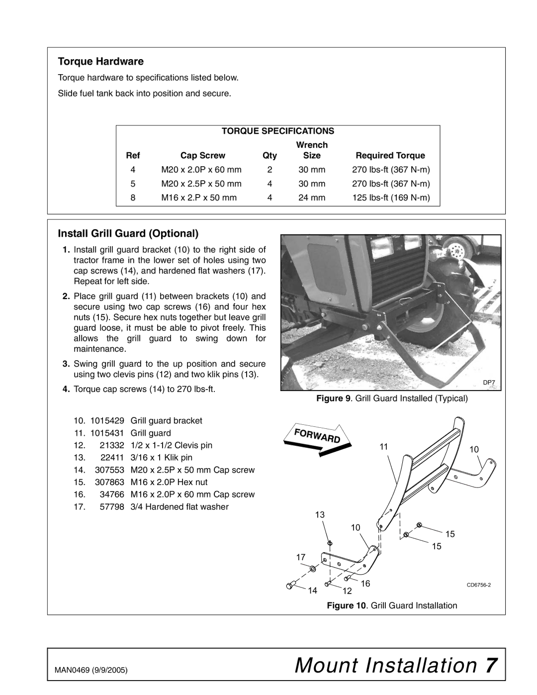 Woods Equipment 211822 installation manual Torque Hardware, Install Grill Guard Optional 