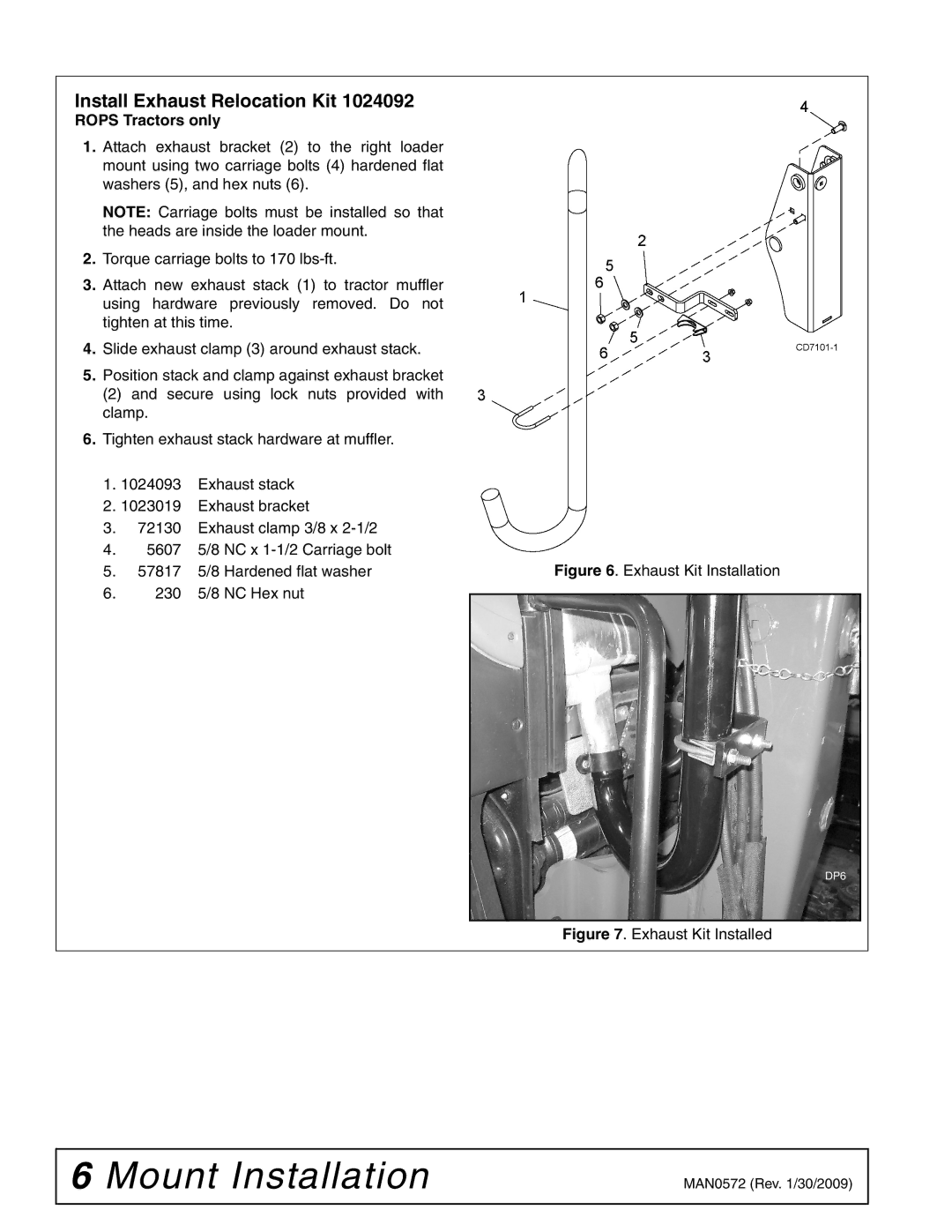 Woods Equipment 2300003 manual Install Exhaust Relocation Kit, Exhaust Kit Installation 