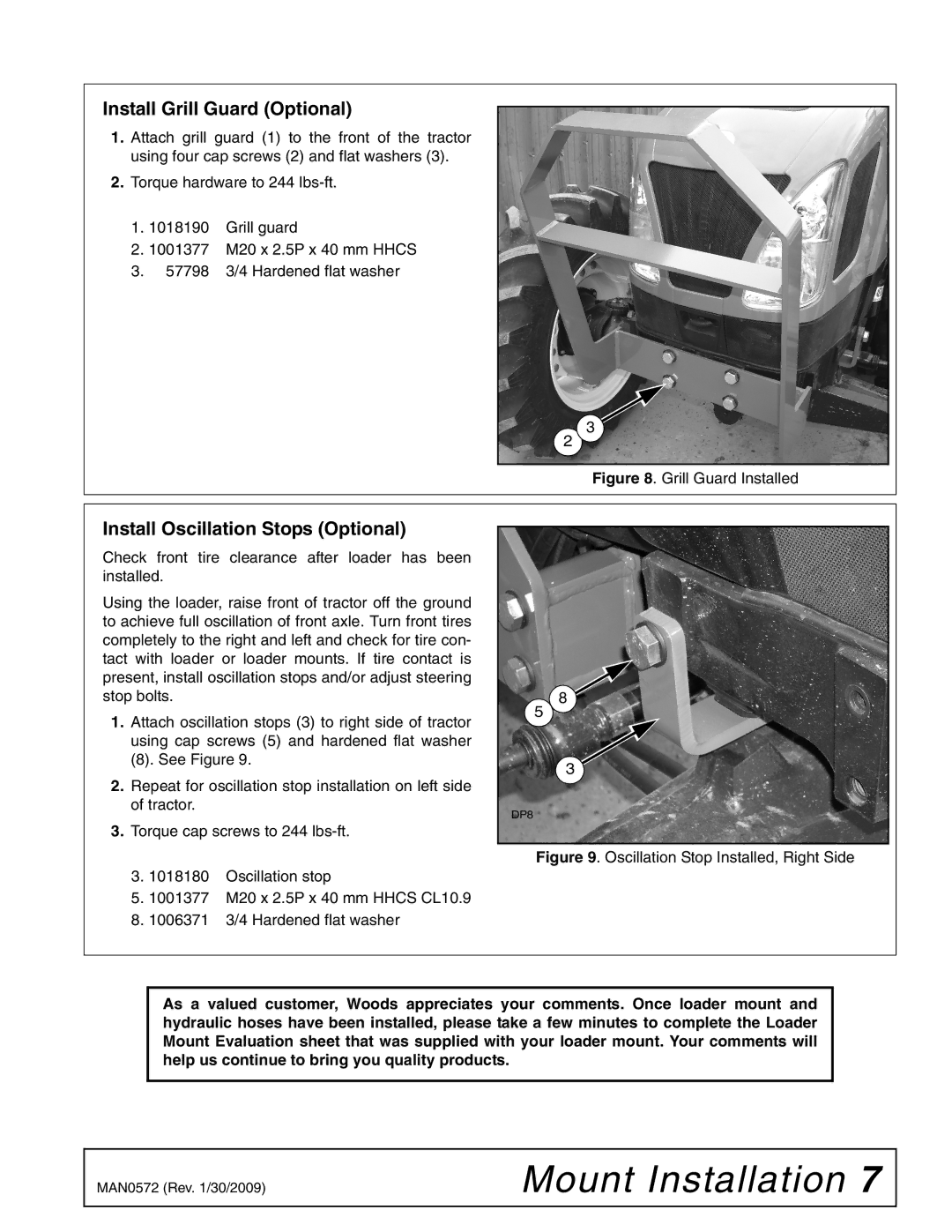 Woods Equipment 2300003 manual Install Grill Guard Optional, Install Oscillation Stops Optional 