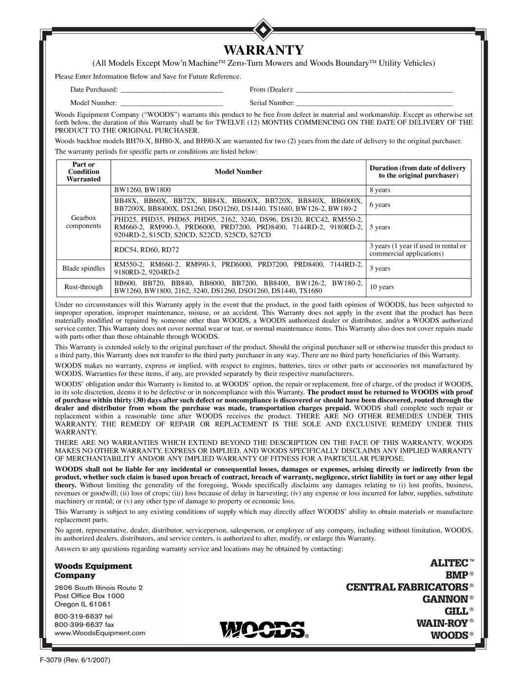 Woods Equipment 42C-6 manual Warranty 