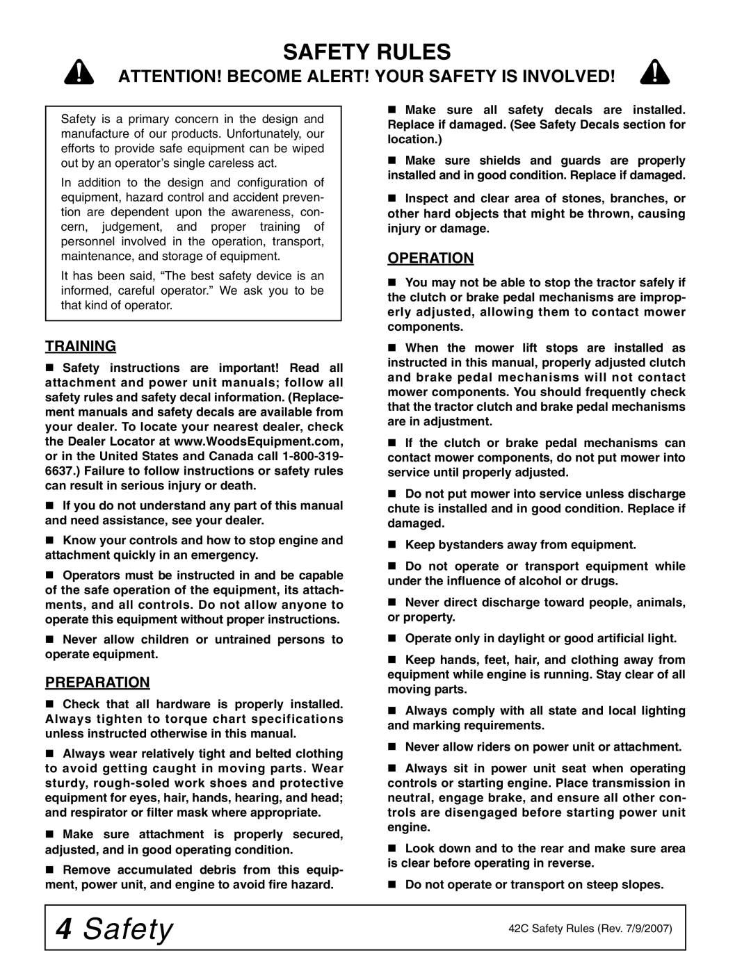 Woods Equipment 42C-6 manual Safety Rules, Training, Preparation, Operation 