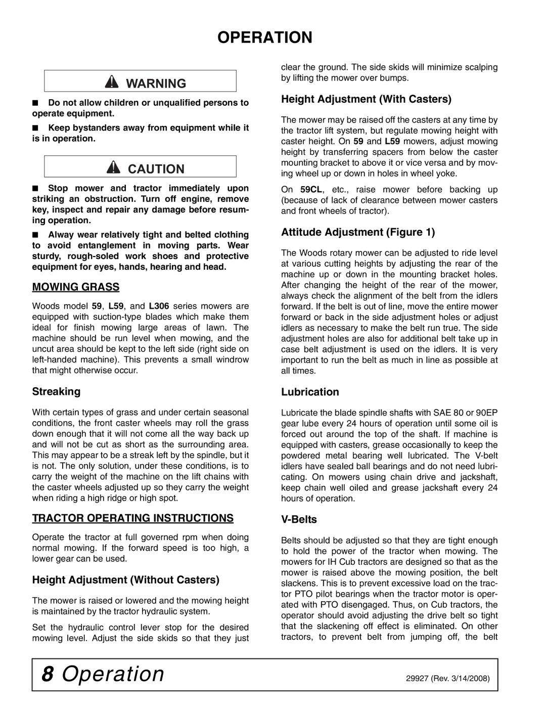 Woods Equipment 59C-2 manual Operation, Mowing Grass, Tractor Operating Instructions 