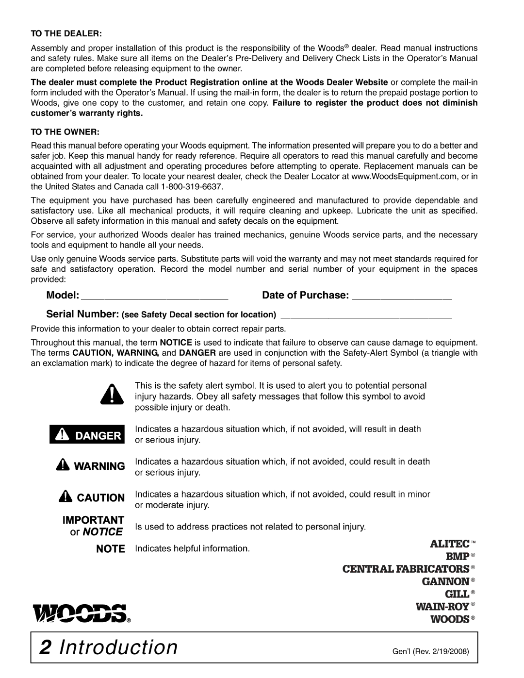 Woods Equipment 59CLF-4, 59CL-4 manual Introduction, To the Dealer 