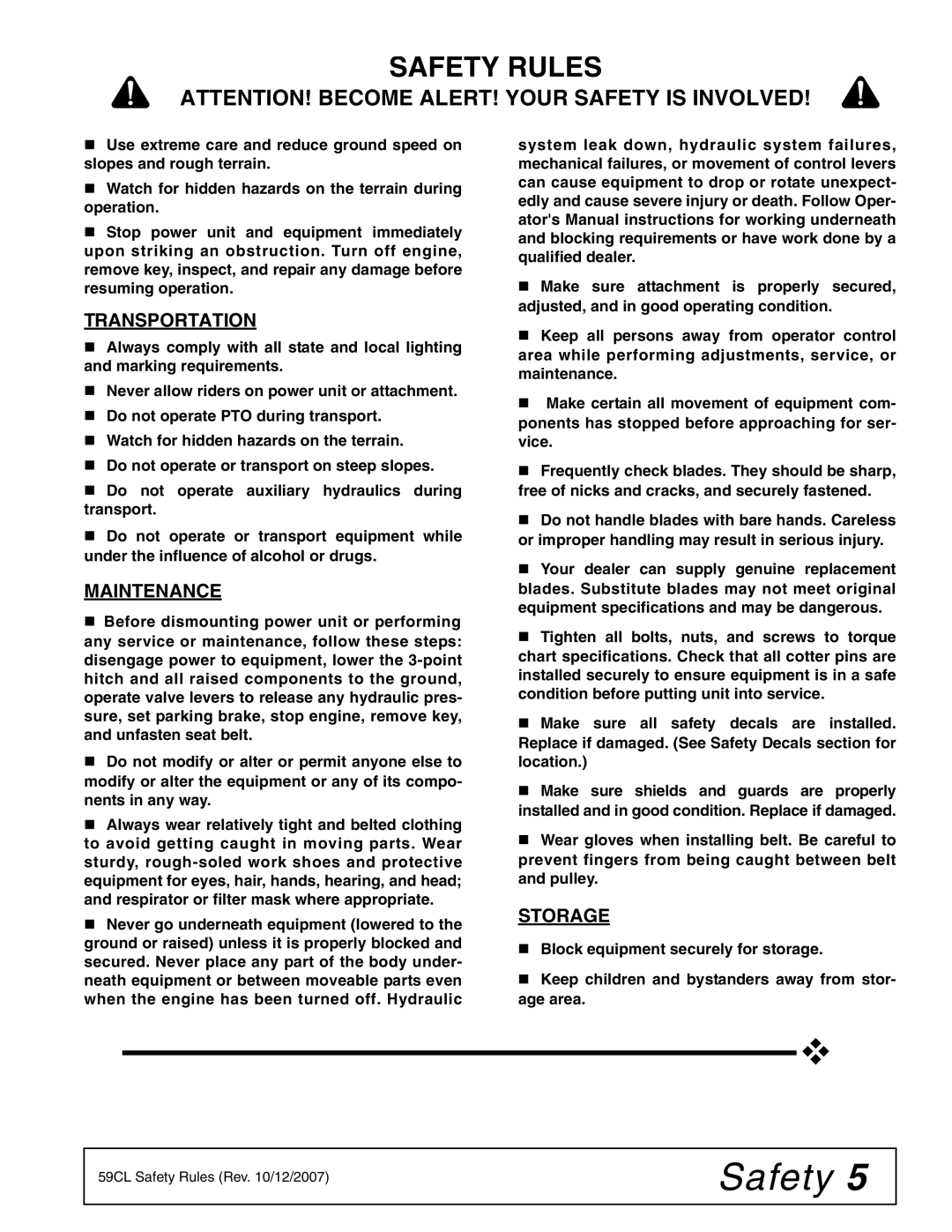 Woods Equipment 59CL-4, 59CLF-4 manual Transportation, Maintenance, Storage 