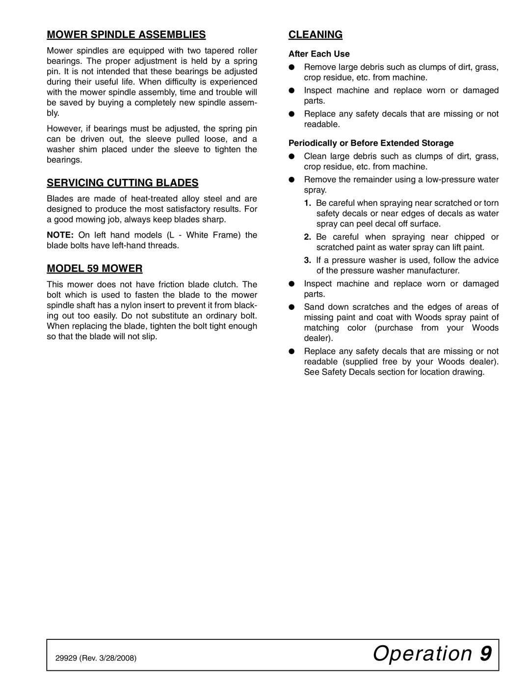 Woods Equipment 59CL-4, 59CLF-4 manual Mower Spindle Assemblies, Servicing Cutting Blades, Model 59 Mower, Cleaning 