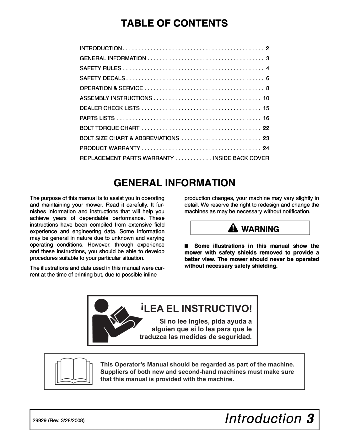Woods Equipment 59CL-4, 59CLF-4 manual Introduction, Table Of Contents, General Information, Lea El Instructivo 