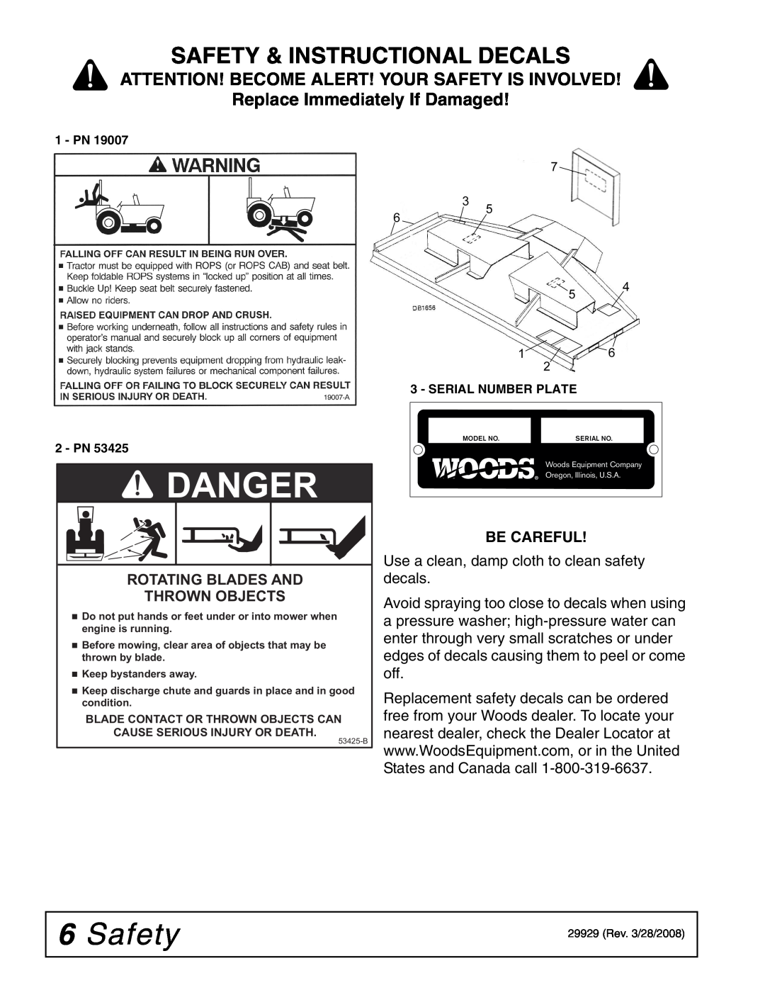 Woods Equipment 59CLF-4 Safety & Instructional Decals, Replace Immediately If Damaged, Be Careful, Danger, 53425-B 