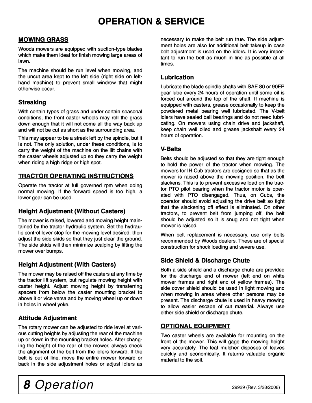 Woods Equipment 59CLF-4 Operation & Service, Mowing Grass, Streaking, Tractor Operating Instructions, Lubrication 