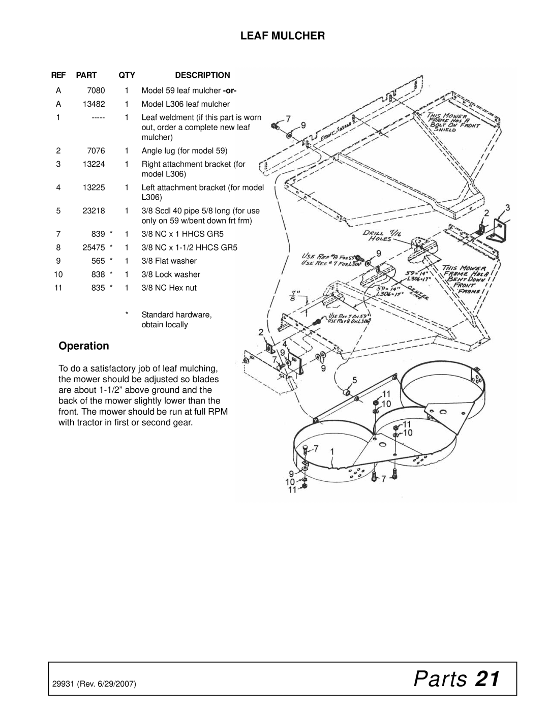 Woods Equipment 59HC-1 manual Operation, Leaf Mulcher 