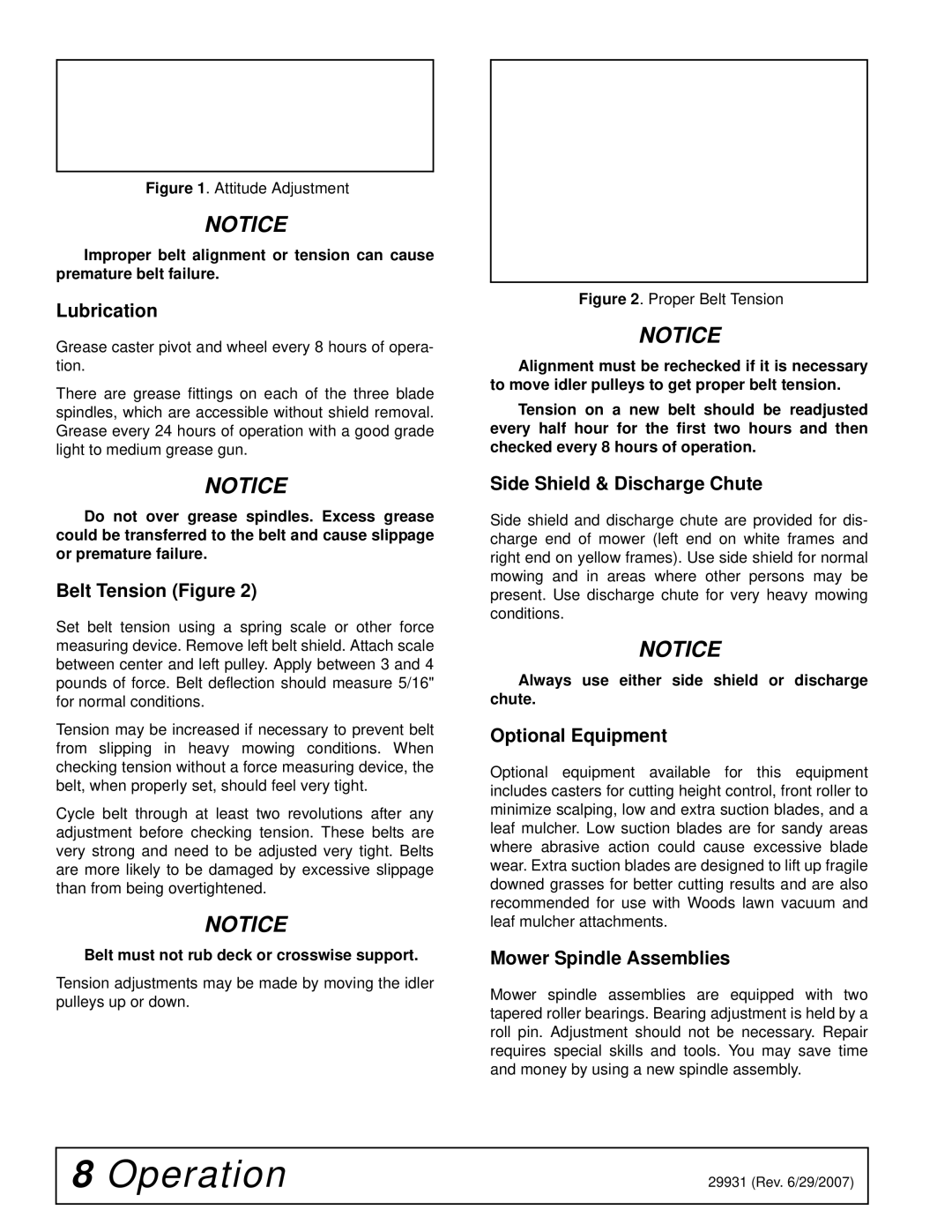 Woods Equipment 59HC-1 manual Lubrication, Belt Tension Figure, Side Shield & Discharge Chute, Optional Equipment 