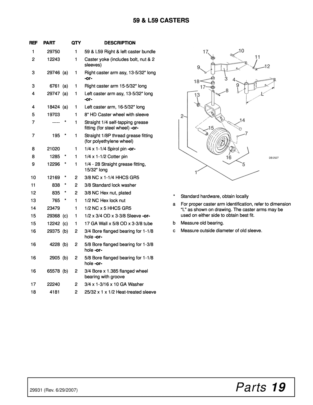 Woods Equipment 59HC-1 manual 59 & L59 CASTERS, Parts, Description 