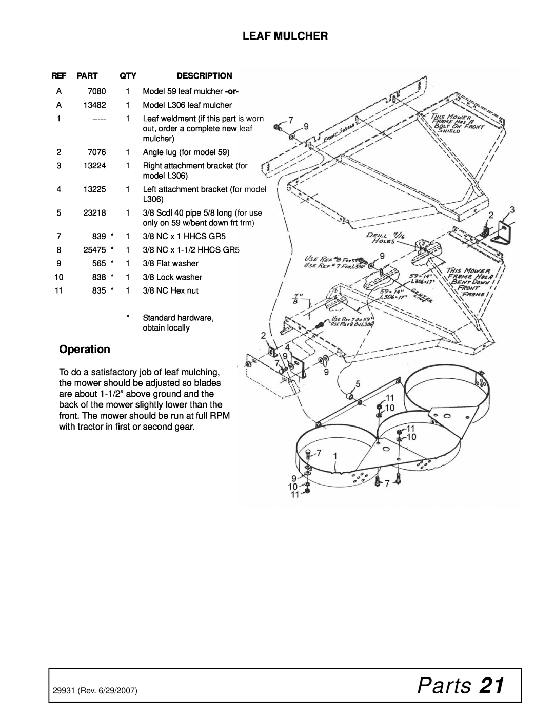Woods Equipment 59HC-1 manual Operation, Parts, Leaf Mulcher 