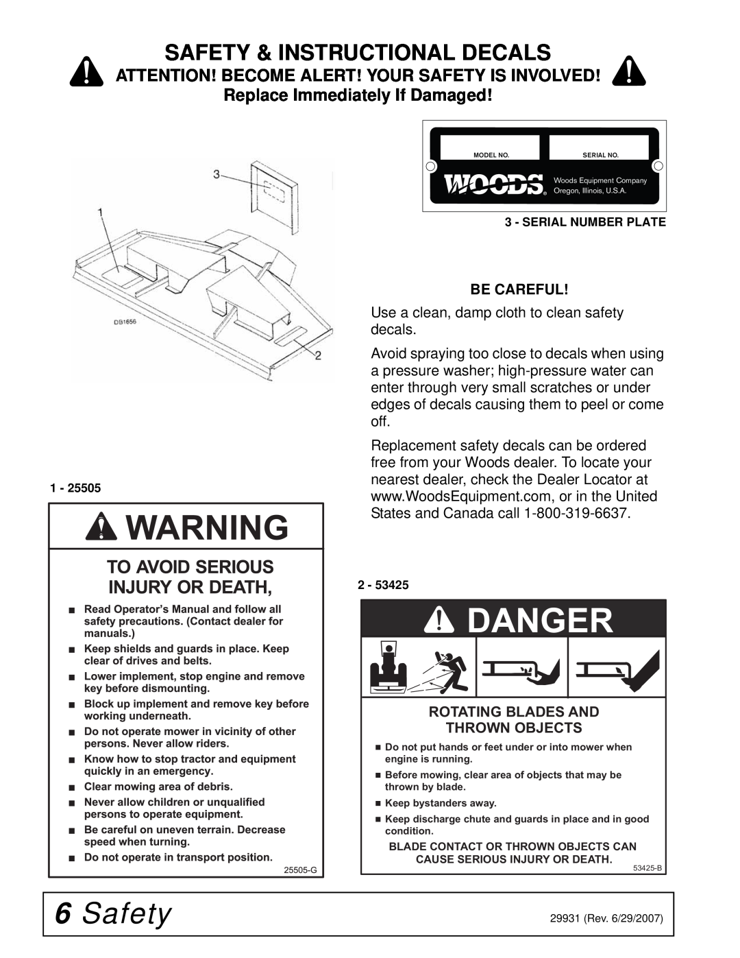 Woods Equipment 59HC-1 manual Safety & Instructional Decals, Replace Immediately If Damaged, Be Careful, Danger 