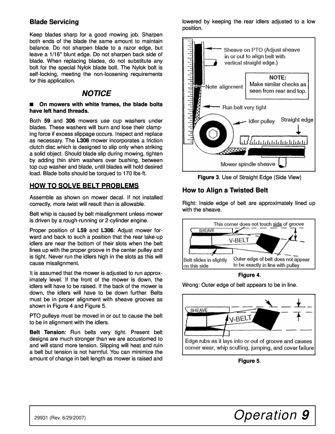 Woods Equipment 59HC-1 manual Blade Servicing, How To Solve Belt Problems, How to Align a Twisted Belt, Operation 